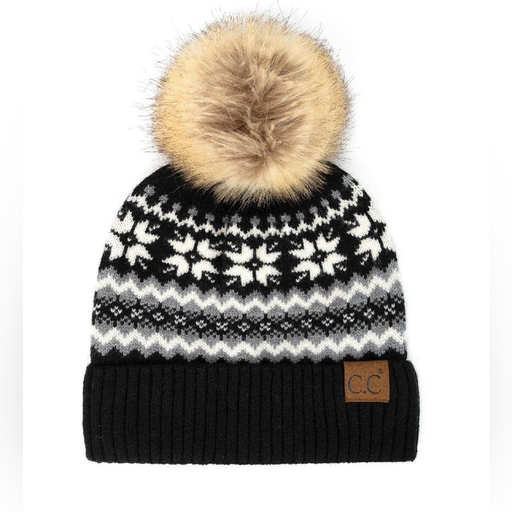 NWT CC C.C. Nordic Fair Isle Aztec Tribal Print Pom Pom Beanie Hat Black - Picture 4 of 4